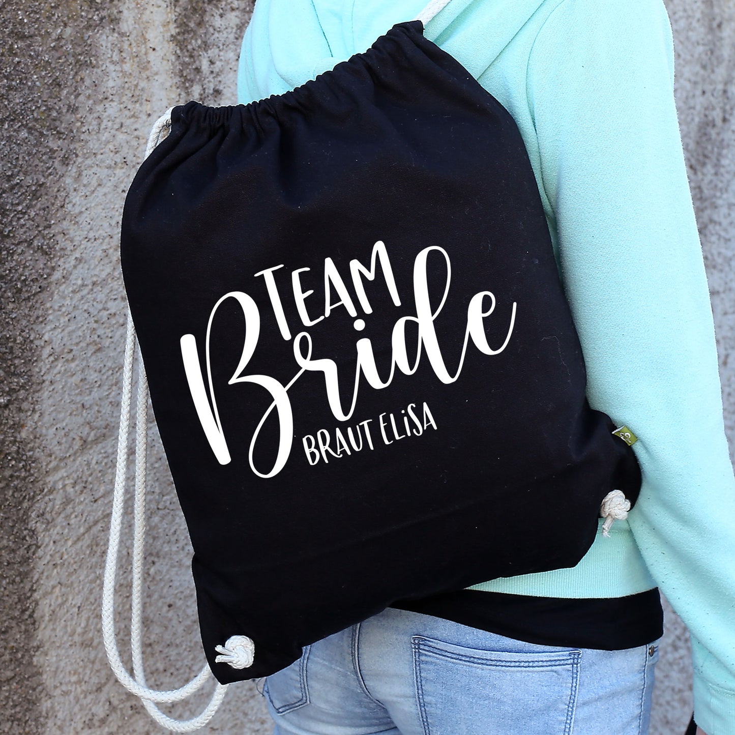 JGA Baumwoll-Rucksack mit Wunschname | Team Bride | Schwarz & Natur