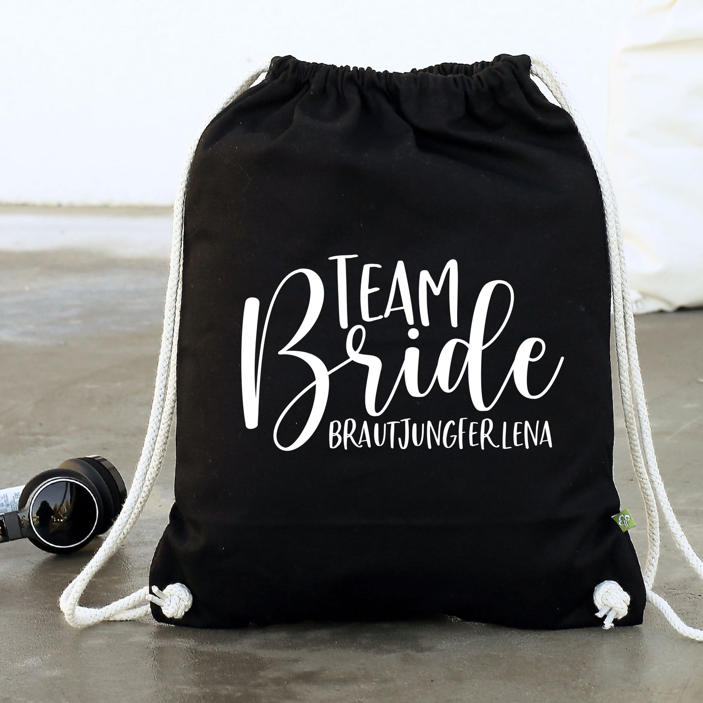 JGA Baumwoll-Rucksack mit Wunschname | Team Bride | Schwarz & Natur