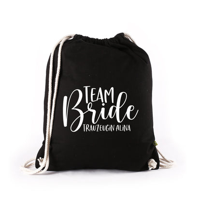 JGA Baumwoll-Rucksack mit Wunschname | Team Bride | Schwarz & Natur