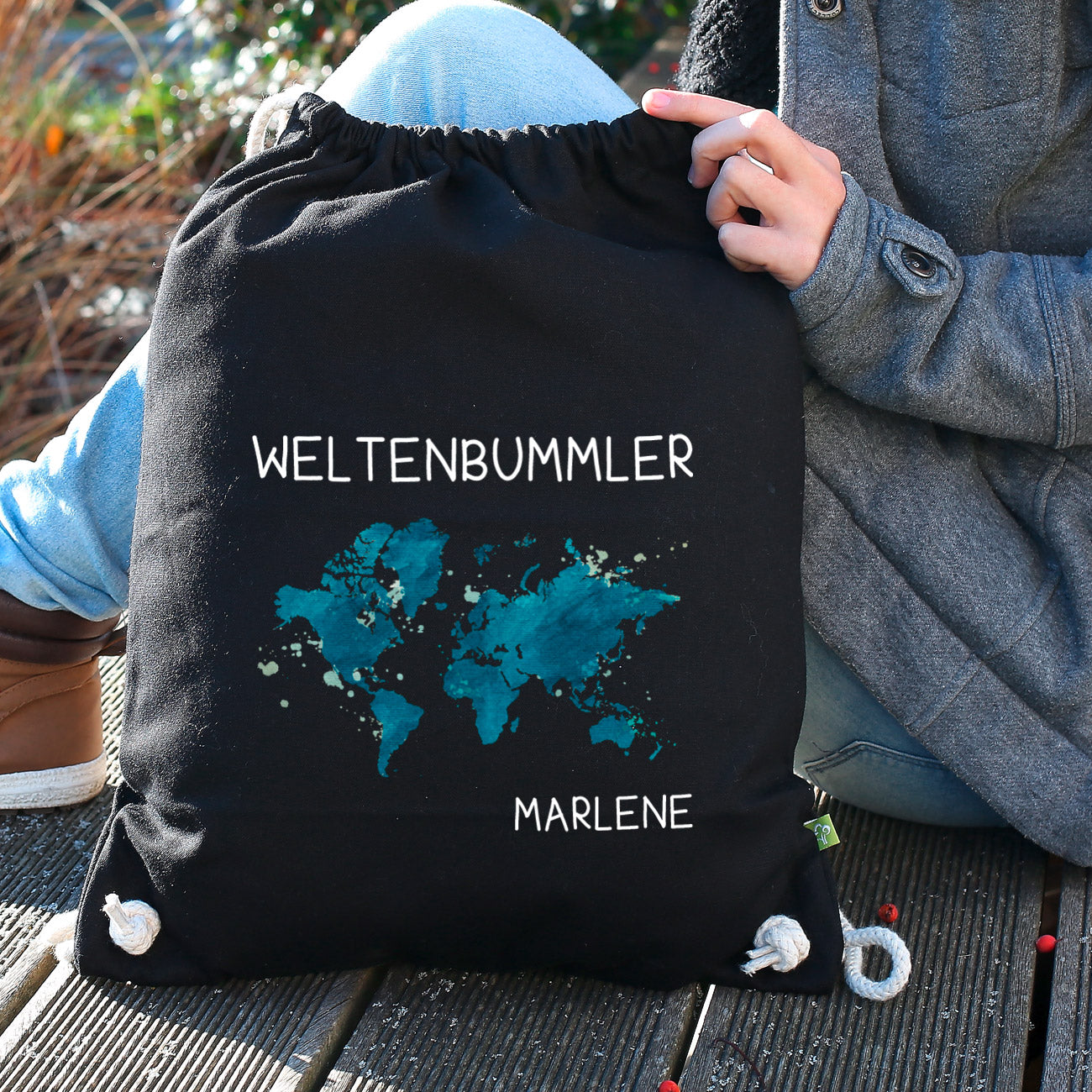 Weltenbummler Rucksack mit Weltkarte und Name