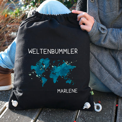 Weltenbummler Rucksack mit Weltkarte und Name