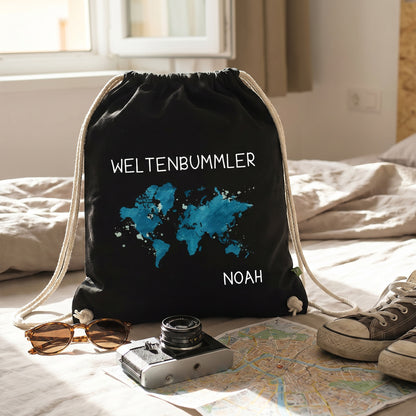 Weltenbummler Rucksack schwarz mit Weltkarte und Name, Baumwollrucksack