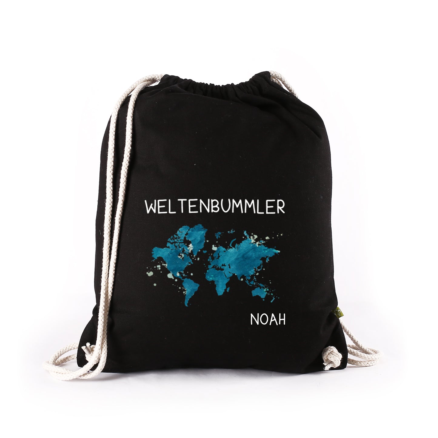 Weltenbummler Rucksack schwarz mit Weltkarte und Name - Baumwoll-Turnbeutel