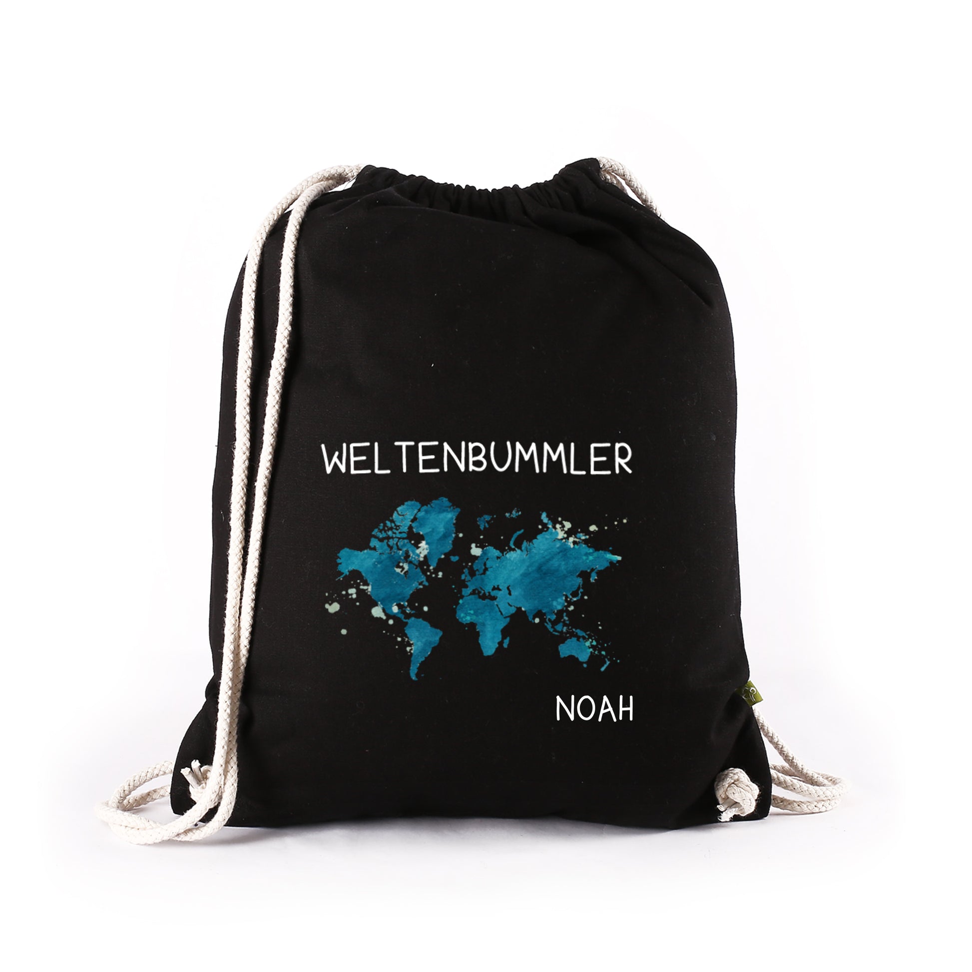 Weltenbummler Rucksack schwarz mit Weltkarte und Name - Baumwoll-Turnbeutel