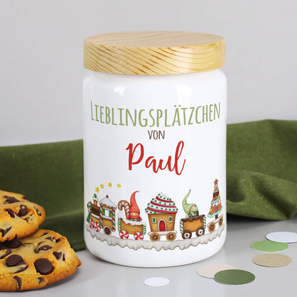 Keramikdose Lieblingsplätzchen mit Wichtel Weihnachtszug Motiv und Name bedruckt