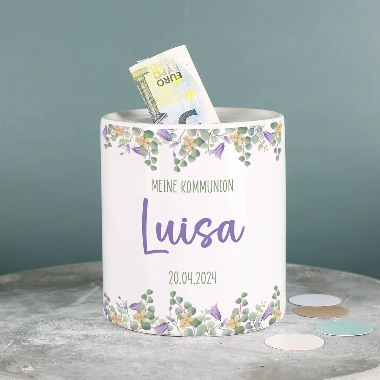 Spardose mit lila Blumenmotiv