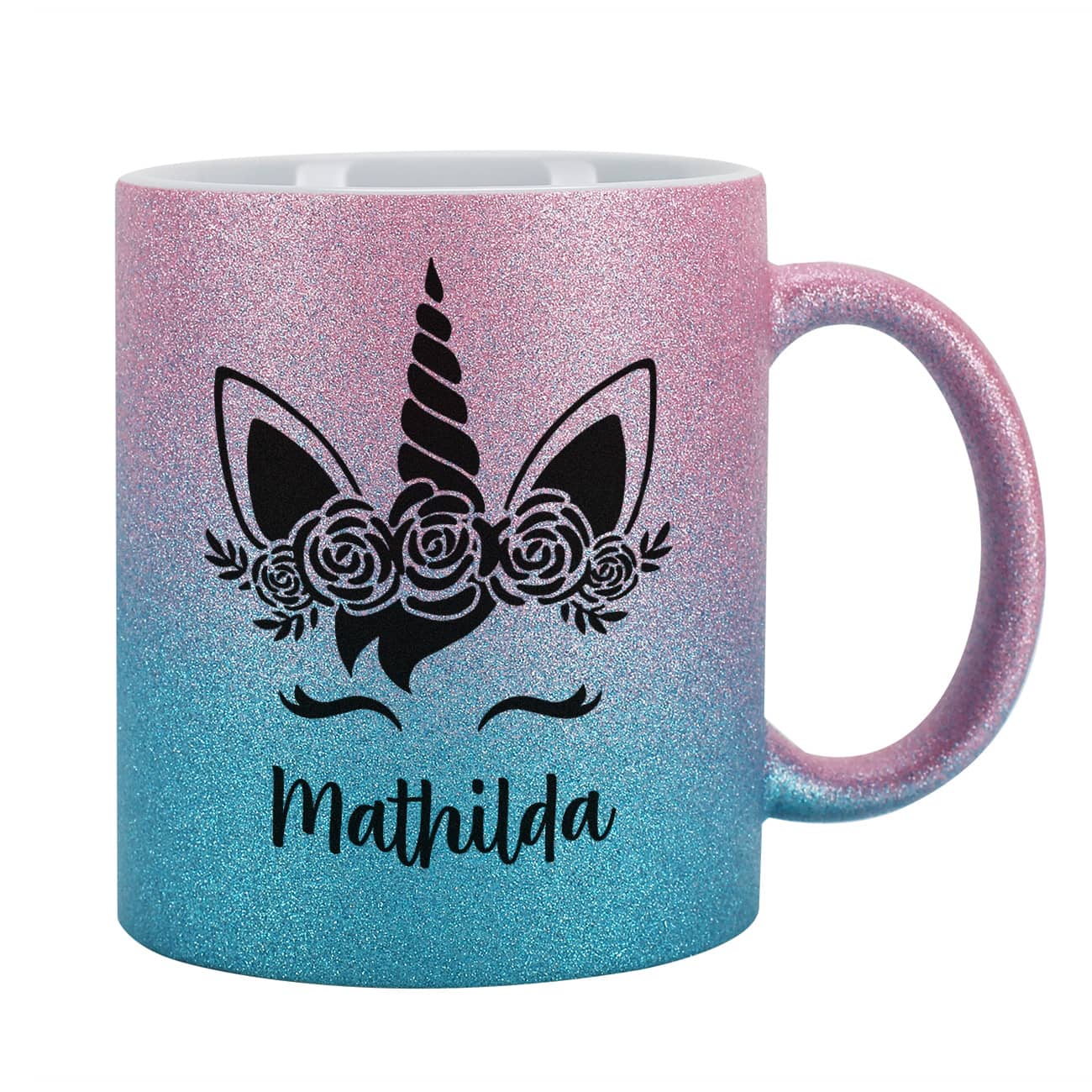 Einhorn - Glitzertasse in Pink/Blau mit Name 