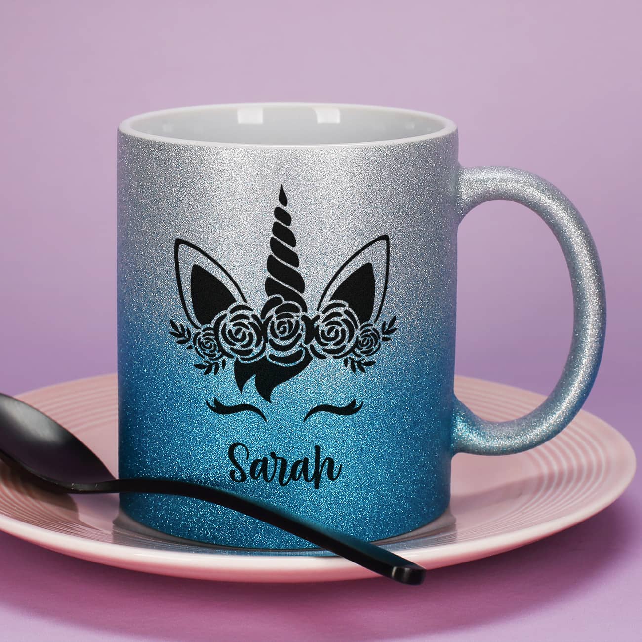 Einhorn - Glitzertasse in Silber/Blau mit Name 