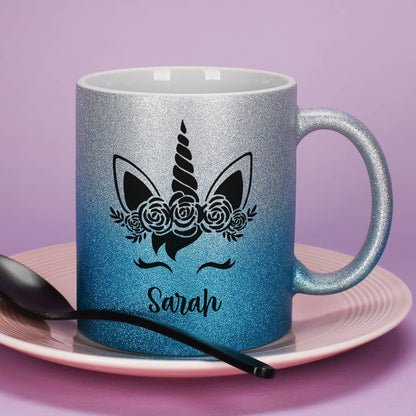 Einhorn - Glitzertasse in Silber/Blau mit Name 