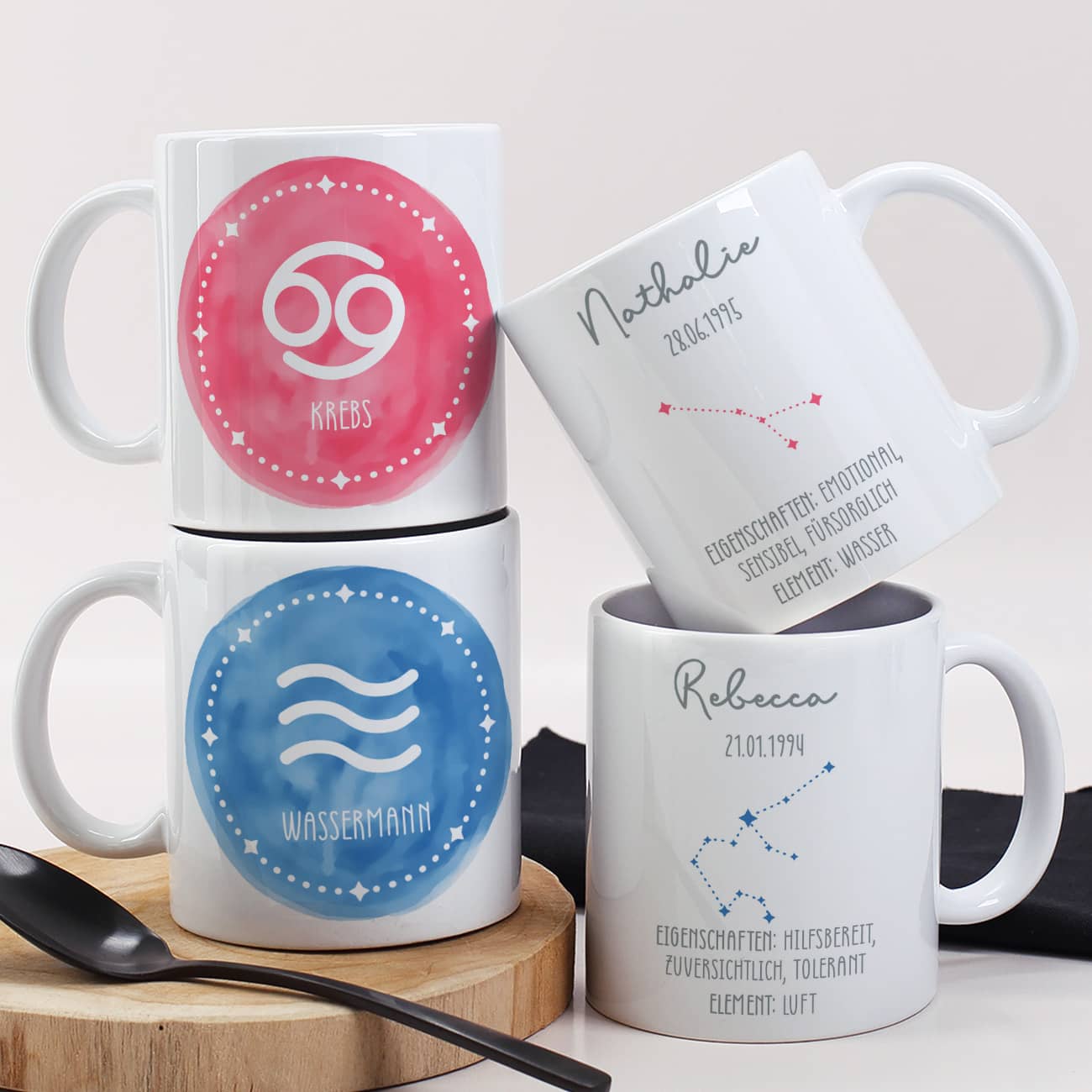 Tasse mit Sternzeichen, Name & Datum personalisiert
