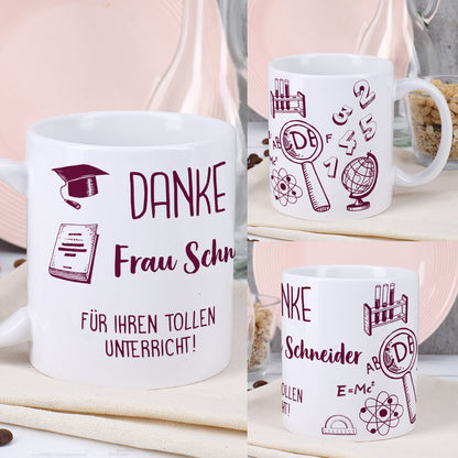 Persönliche Kaffeetasse für die Lehrerin mit Name und Wunschtext aus verschiedenen Winkeln
