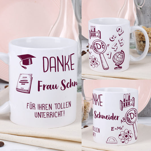 Persönliche Kaffeetasse für die Lehrerin mit Name und Wunschtext aus verschiedenen Winkeln