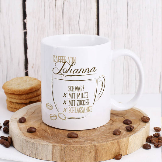 Kaffeetasse mit Ihrem Wunschnamen und Vorlieben zum Ankreuzen