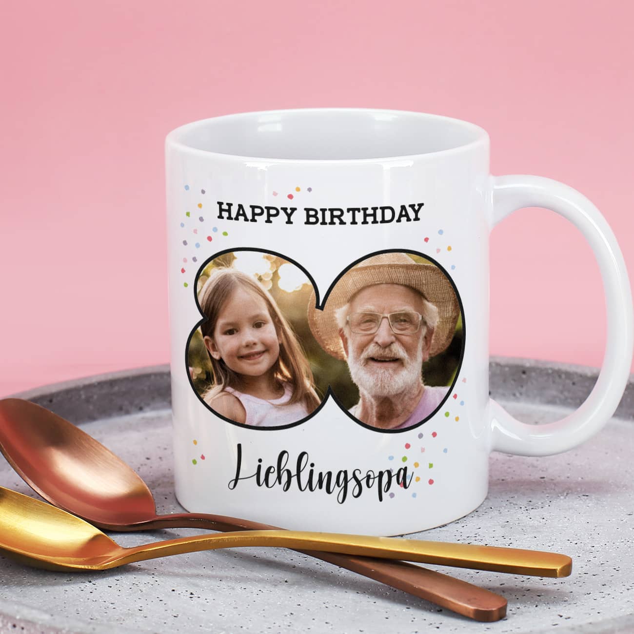 Fototasse zum 80. Geburtstag mit Name und Happy Birthday-Schriftzug