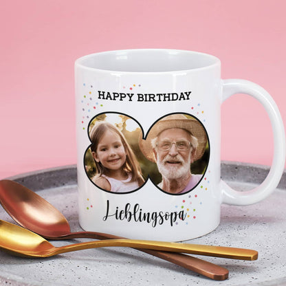 Fototasse zum 80. Geburtstag mit Name und Happy Birthday-Schriftzug