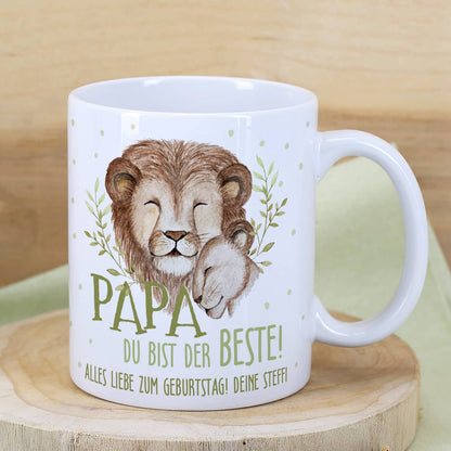 Zwei Löwen als Motiv auf Tasse als Geschenk für Papa