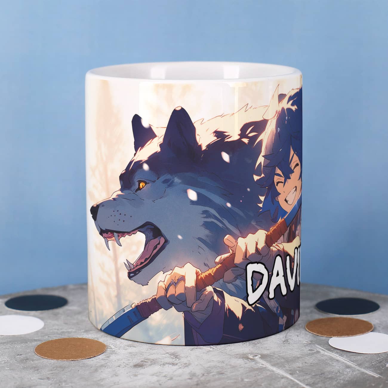 Anime Tasse mit Krieger, Wolf und Ihrem Wunschnamen