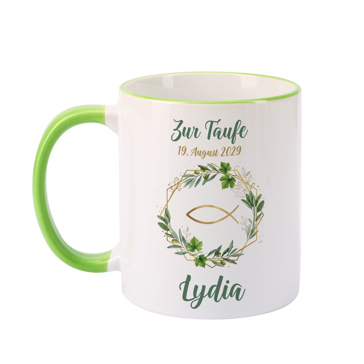 Personalisierte Tasse zur Taufe mit Ichthys-Fisch und Eukalyptus, grüner Rand und Henkel, bedruckt mit Anlass, Datum und Name „Lydia“