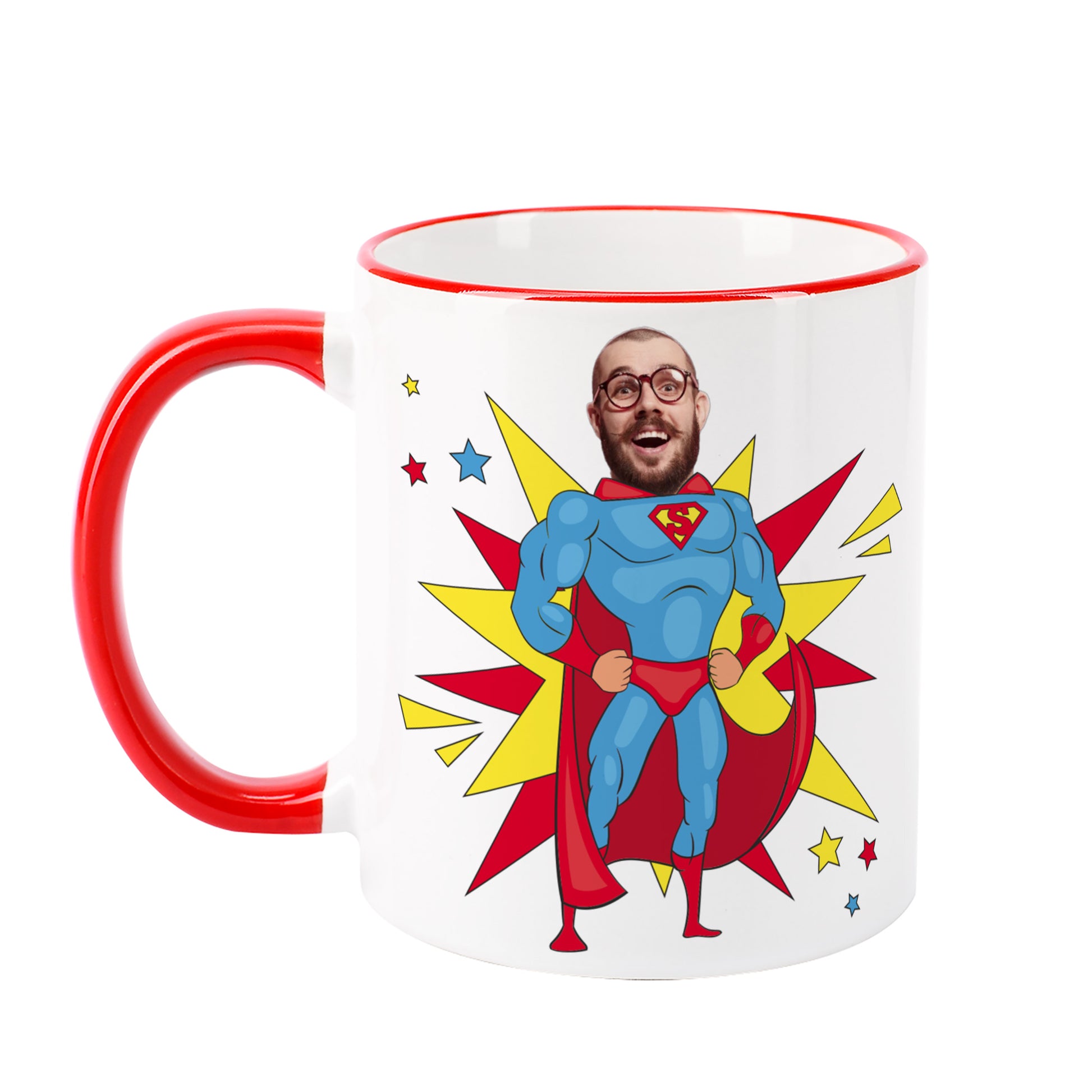 Freisteller der personalisierten Papa Tasse mit Foto im Superhelden-Motiv