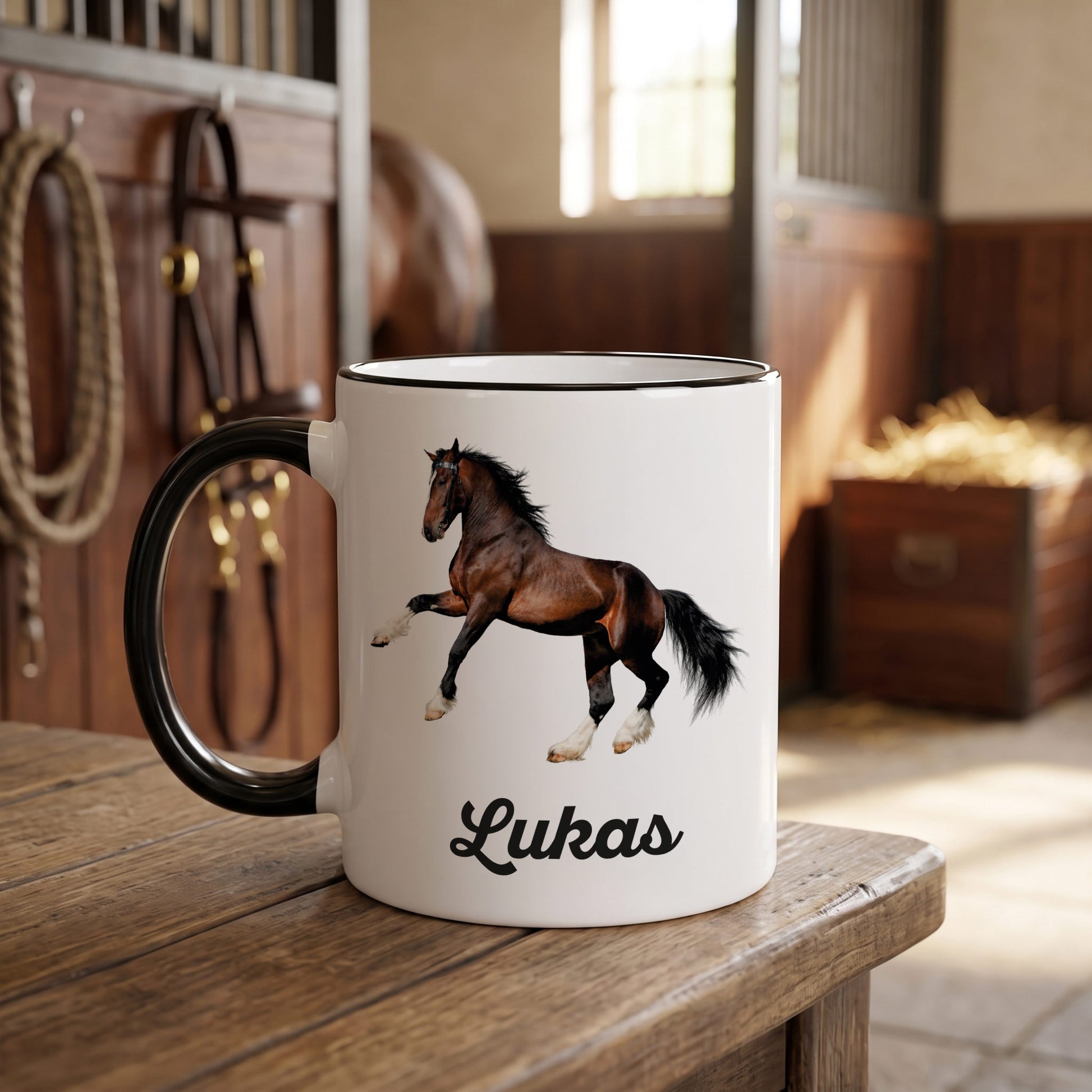 Tasse mit Clydesdale Pferd bedruckt und Wunschnamen veredelt
