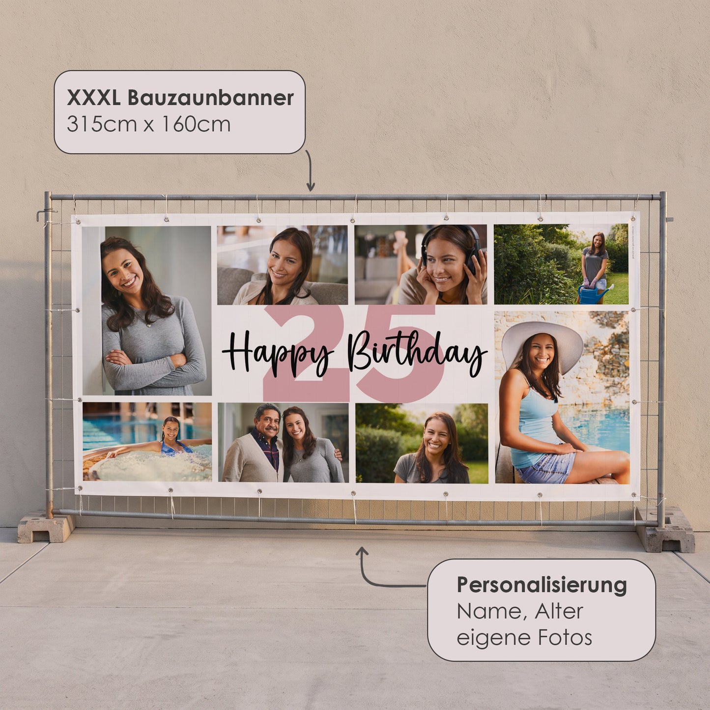 XXXL Bauzaunbanner zum Geburtstag mit Foto Collage, Alter 25 und Personalisierung mit Name, Alter und eigenen Fotos