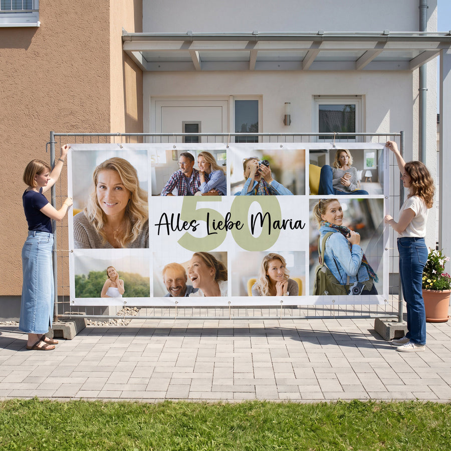 XXXL Bauzaun Banner zum Geburtstag mit Fotos, Wunschtext und Alter personalisiert | Partybanner 3,15 m