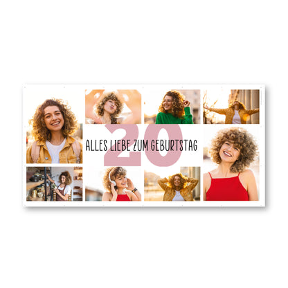 Freigestelltes Bauzaunbanner zum Geburtstag mit Foto Collage, Alter 20 und Wunschtext Alles Liebe zum Geburtstag