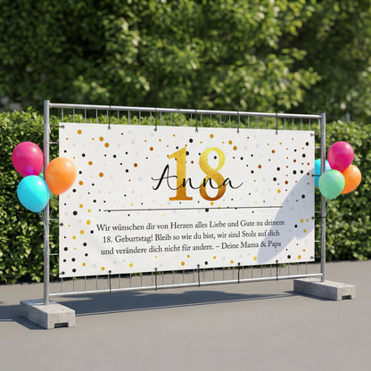 Personalisiertes Bauzaunbanner zum Geburtstag mit Name Anna, Alter 18 und Konfetti Design am Zaun