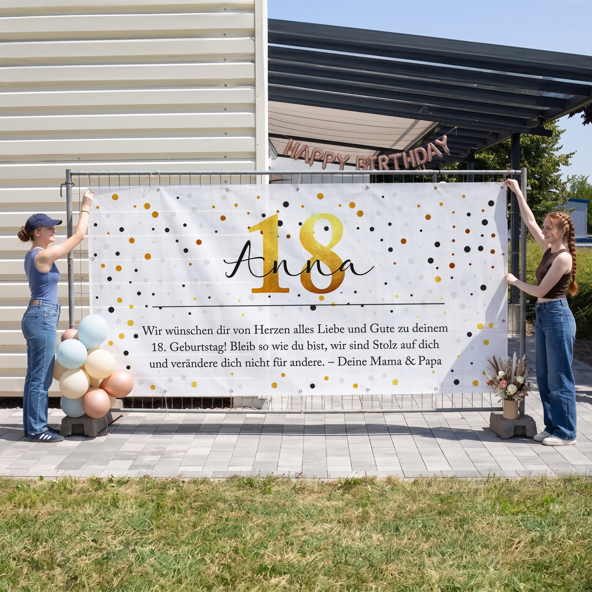 Personalisiertes Bauzaun Banner zum 18. Geburtstag mit Name Anna und Wunschtext als große Partydeko