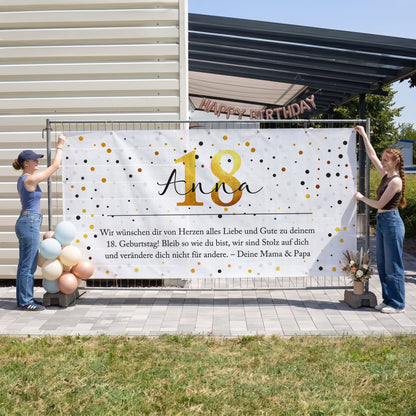 Personalisiertes Bauzaun Banner zum 18. Geburtstag mit Name Anna und Wunschtext als große Partydeko