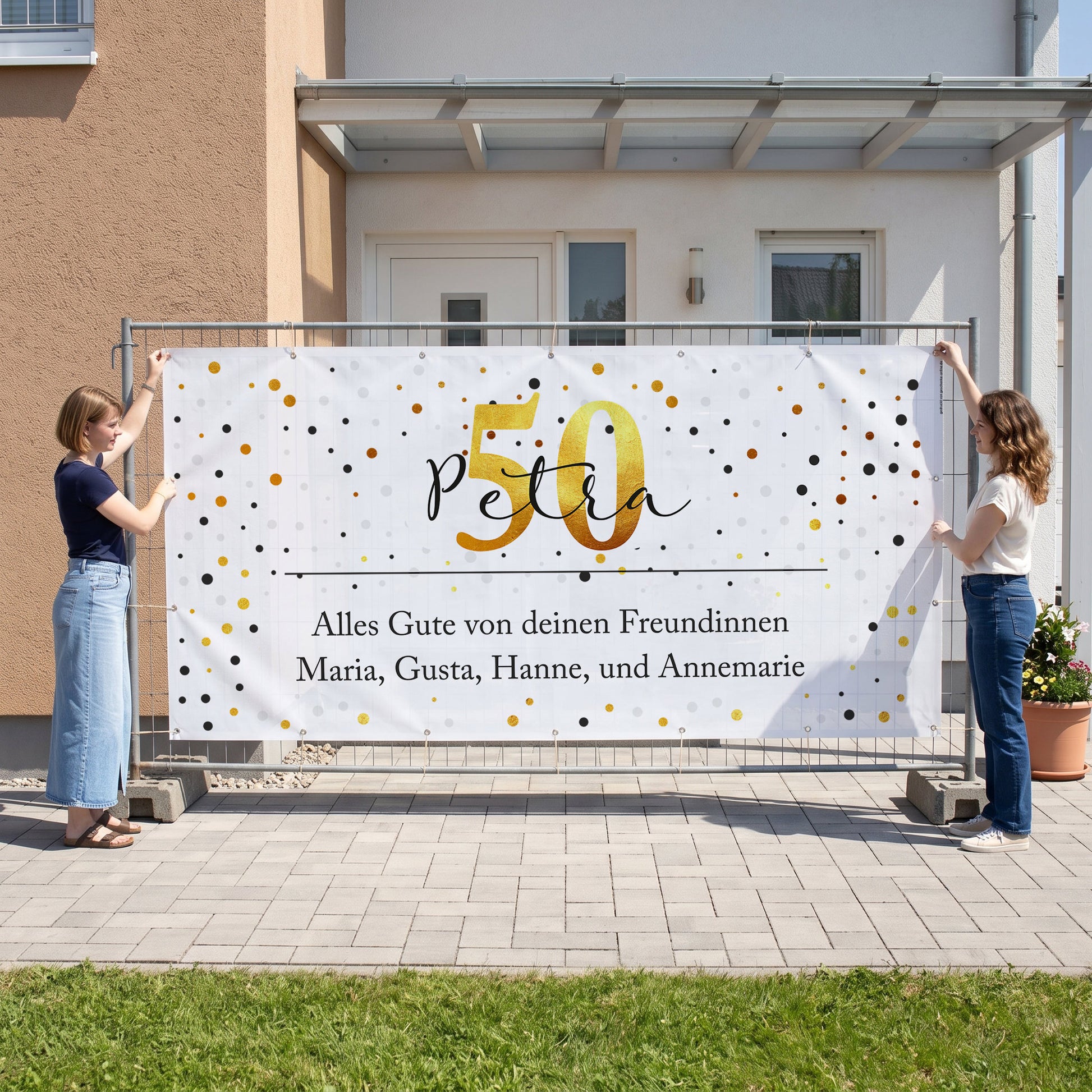 XXXL Geburtstagsbanner für Bauzaun mit Name Petra, Alter 50 und persönlichem Wunschtext