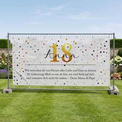 Großes Bauzaunbanner zum Geburtstag mit Name Anna, Alter 18 und Wunschtext am Gartenzaun