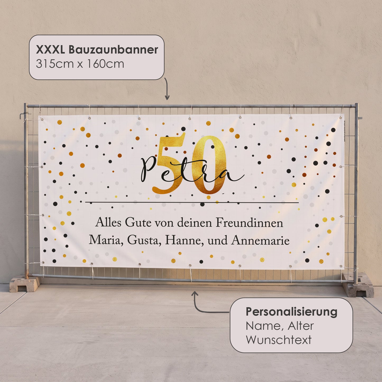 Produktinfo zum XXXL Bauzaun Banner 315 x 160 cm mit Personalisierung Name, Alter und Wunschtext