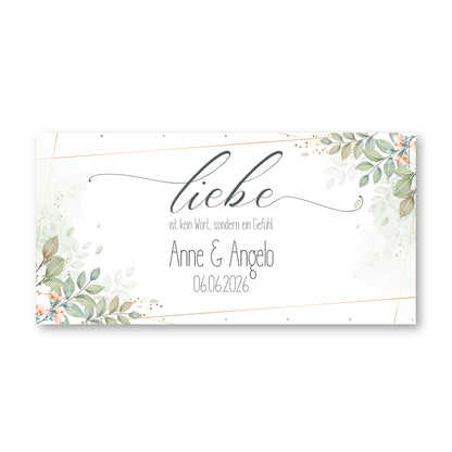 Freigestelltes XXXL Hochzeitsbanner mit Liebe Spruch, Namen und Datum