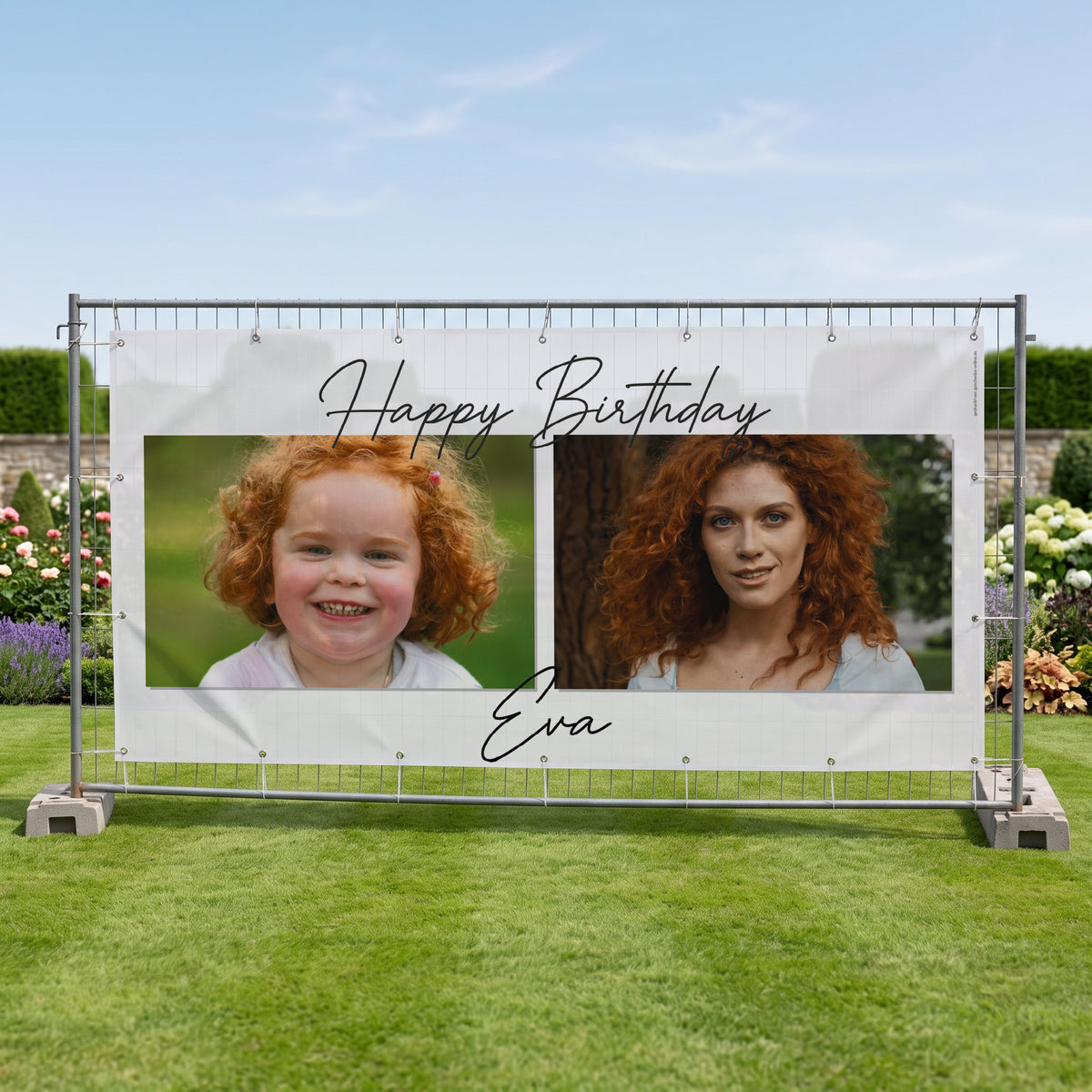 Bauzaunbanner als Geburtstag Fotobanner mit zwei Bildern und Name im Garten am Zaun