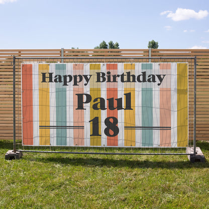 Personalisiertes XXXL Bauzaunbanner zum Geburtstag mit Name Paul und Alter 18 im bunten Streifen Design