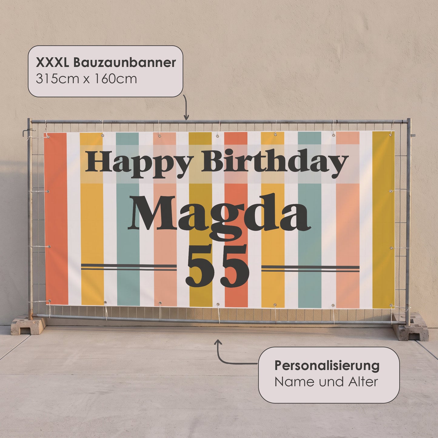 Produktinfo zum XXXL Bauzaunbanner 315 x 160 cm mit Personalisierung Name und Alter