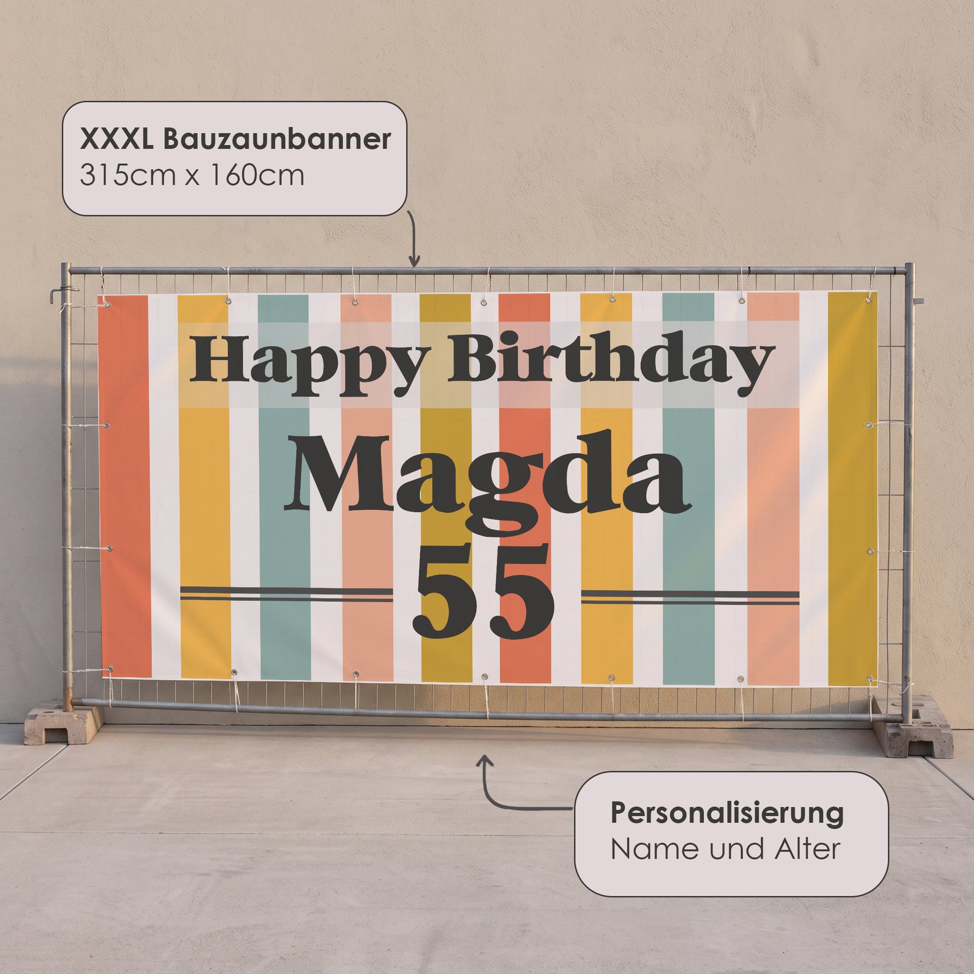 Produktinfo zum XXXL Bauzaunbanner 315 x 160 cm mit Personalisierung Name und Alter