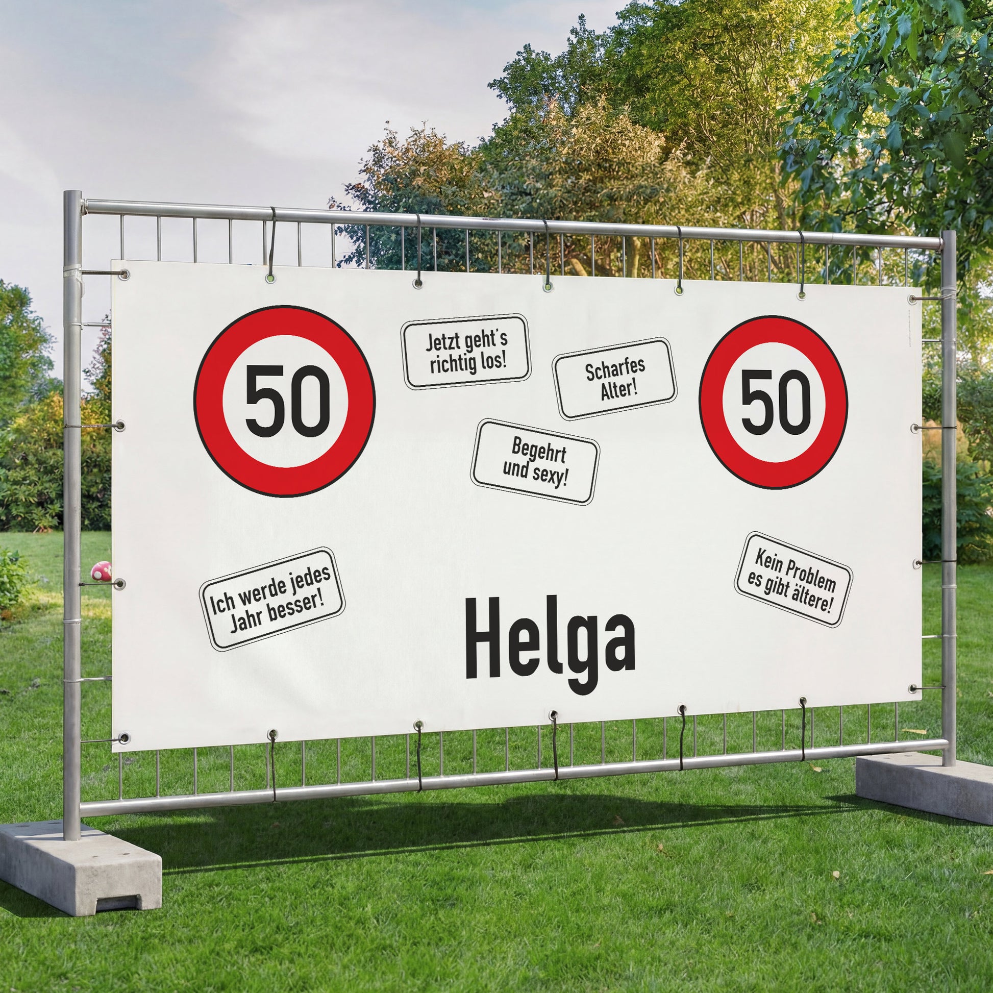 Personalisiertes Bauzaunbanner zum 50. Geburtstag mit Name Helga für Garten und Geburtstagsfeier