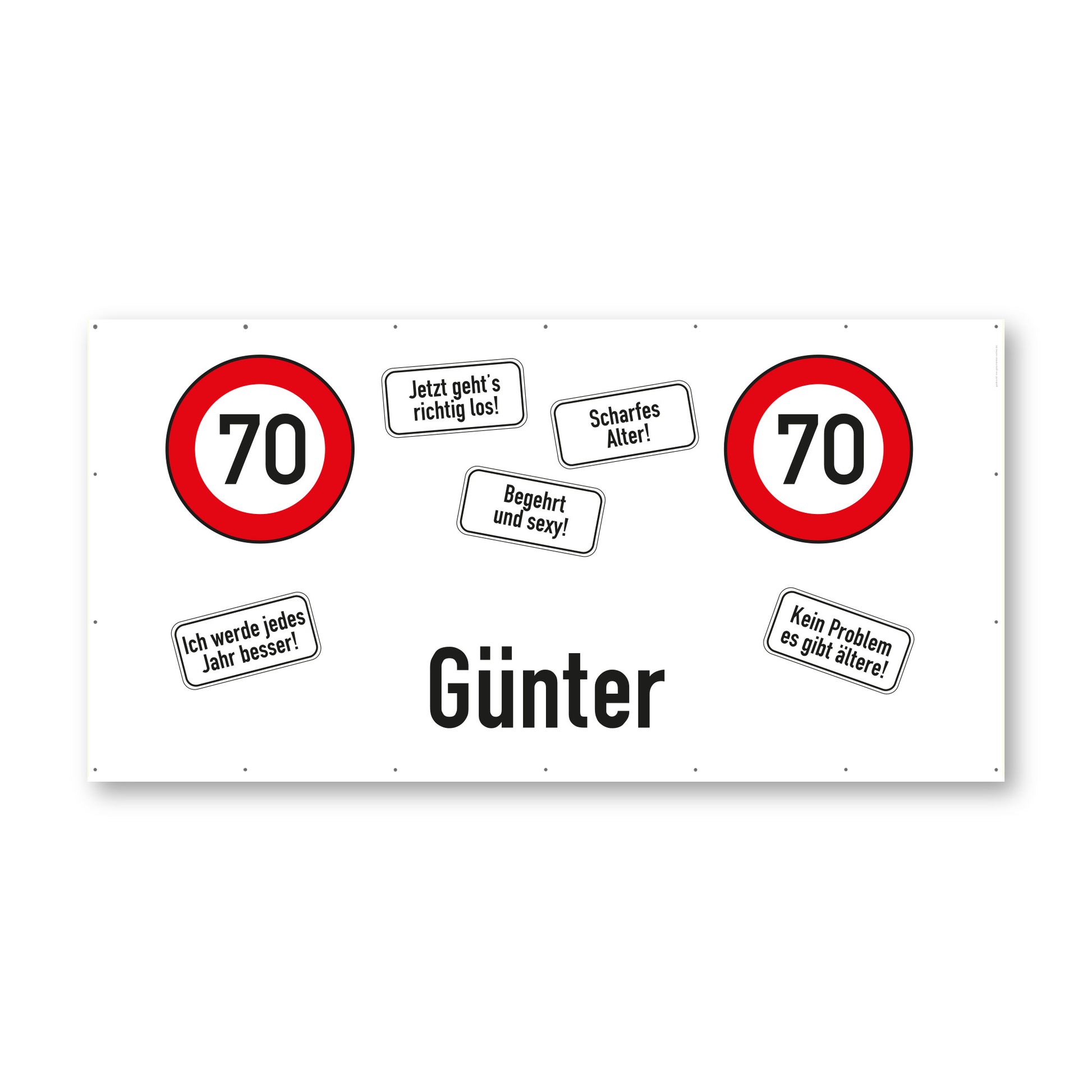 Freigestelltes XXXL Geburtstagsbanner zum 70. Geburtstag mit Name Günter und Verkehrszeichen Motiv