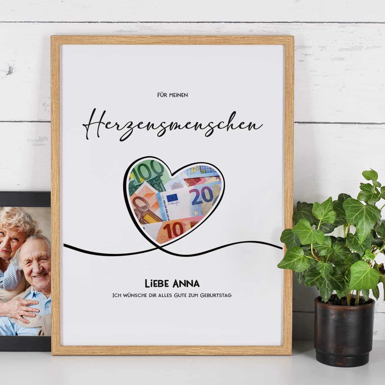 Geldgeschenk zur Hochzeit - Bilderrahmen mit 4 Zeilen Wunschtext