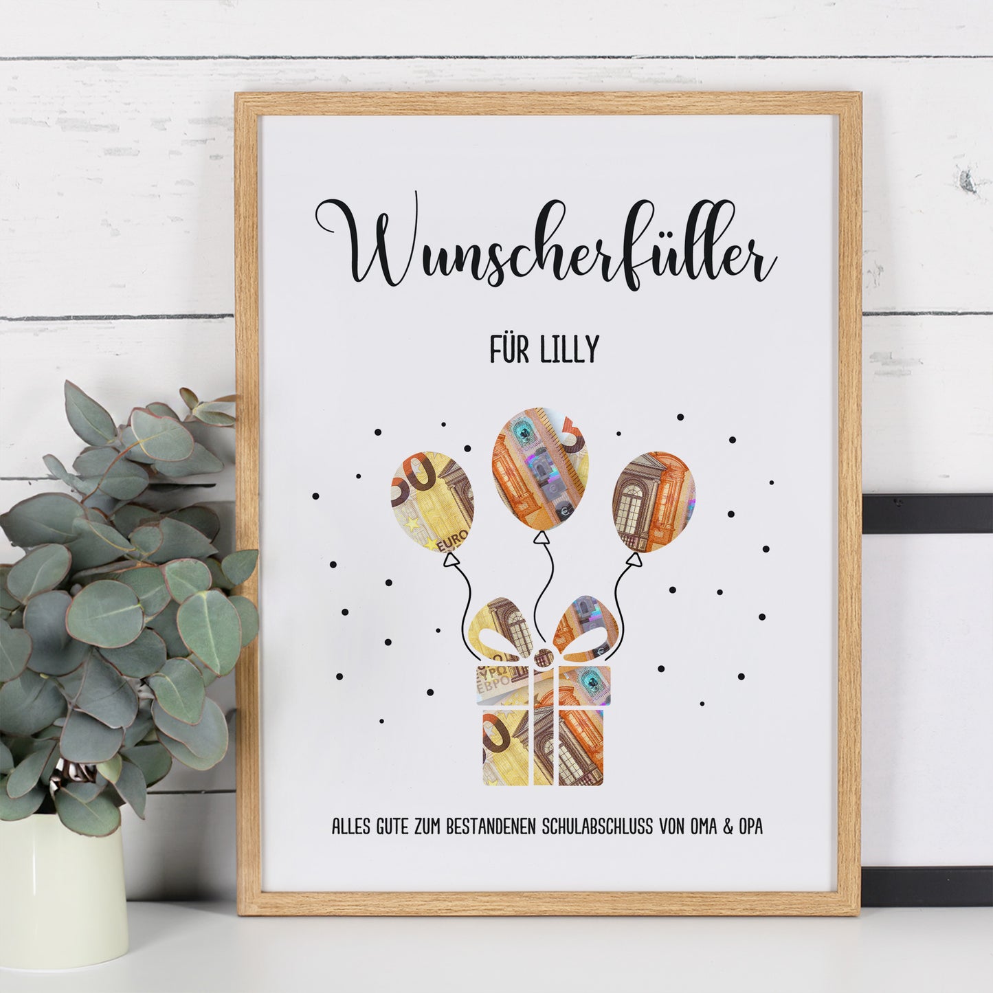 Wunscherfüller im Holzrahmen für Lilly, Geldscheine als Luftballons integriert, Geschenk zum Schulabschluss