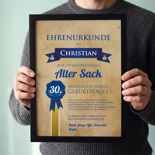 Ehrenurkunde im Bilderrahmen für alte Säcke mit Wunschdaten bedruckt