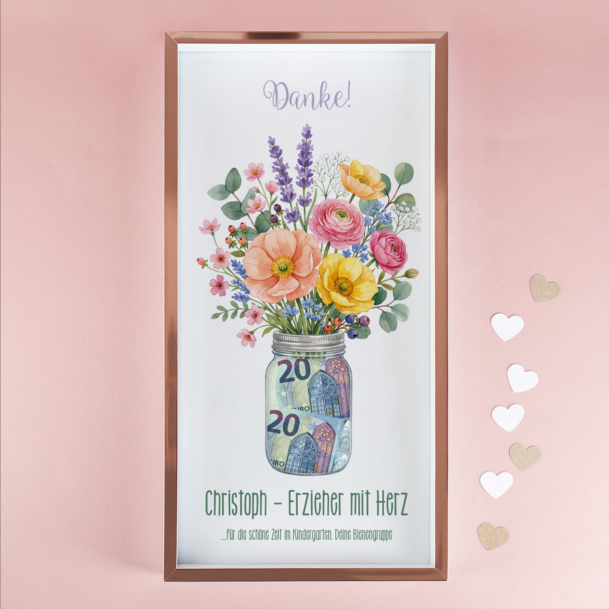 Geldgeschenk Bilderrahmen mit Danke Schriftzug, Blumenstrauß Motiv und Geldscheinen im Glas für Erzieher Christoph