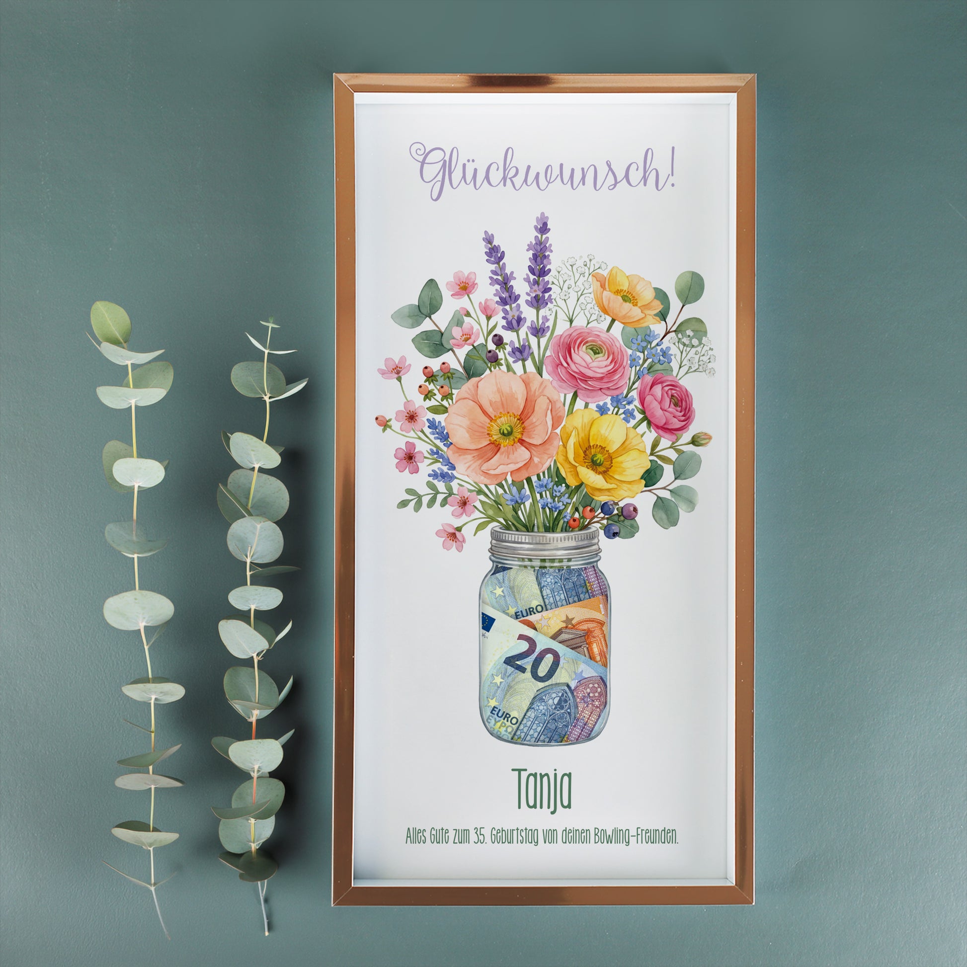 Personalisierter Geldgeschenk Bilderrahmen mit Glückwunsch, Blumen Motiv, Name Tanja und Geldscheinen im Glas