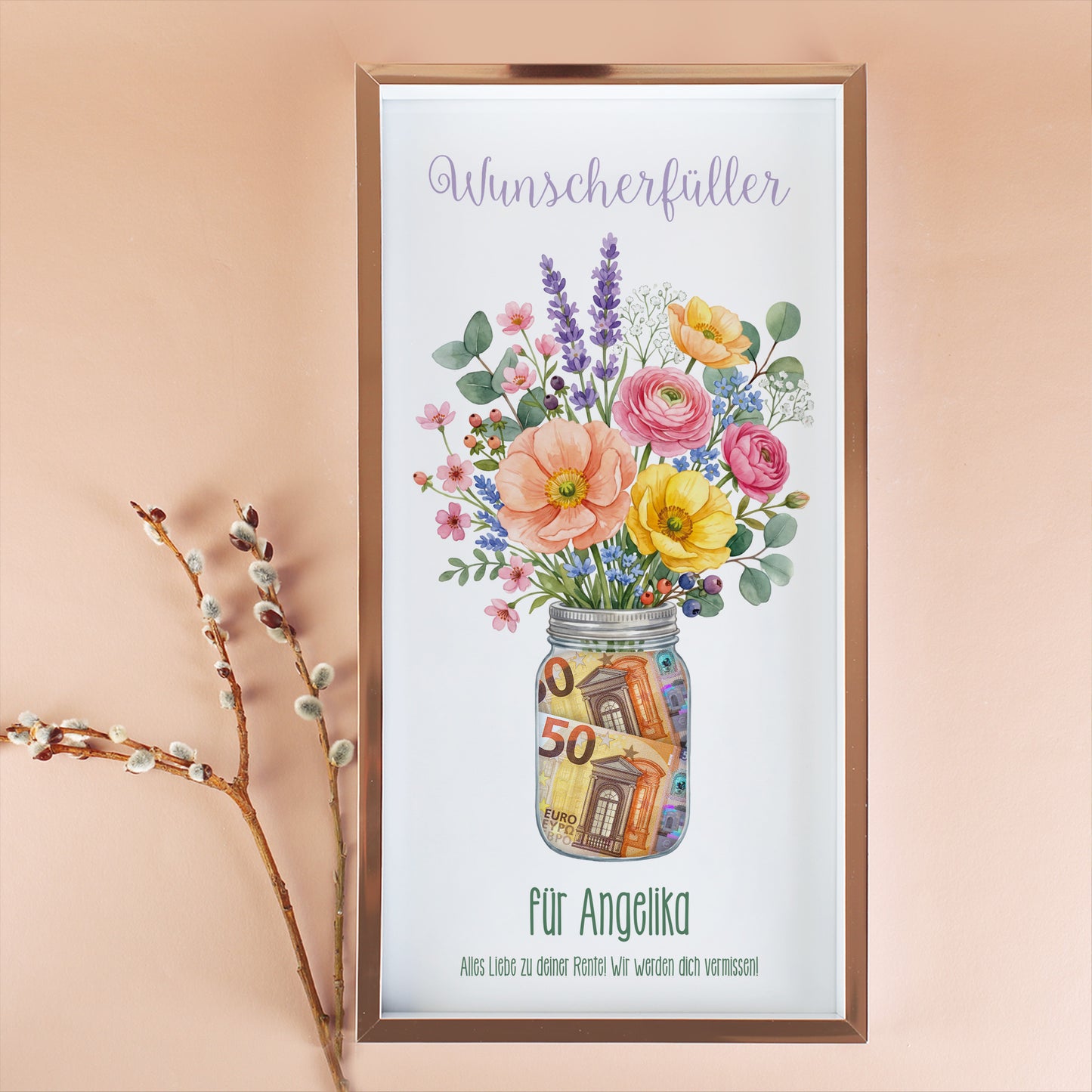 Personalisierter Wunscherfüller Bilderrahmen für Angelika mit Blumen Motiv, Geldschein-Aussparung und Wunschtext zur Rente