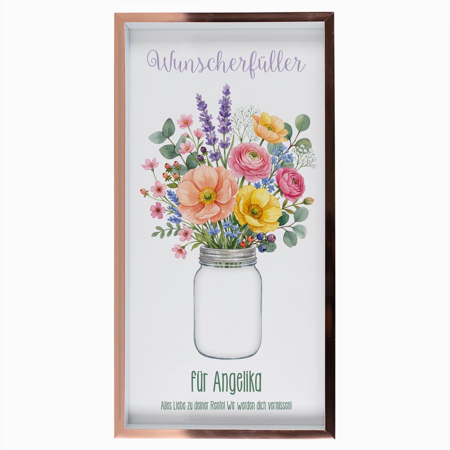 Freigestellter Geldgeschenk Bilderrahmen Wunscherfüller mit Blumenstrauß im Glas, Wunschtext für Angelika und leerer Aussparung