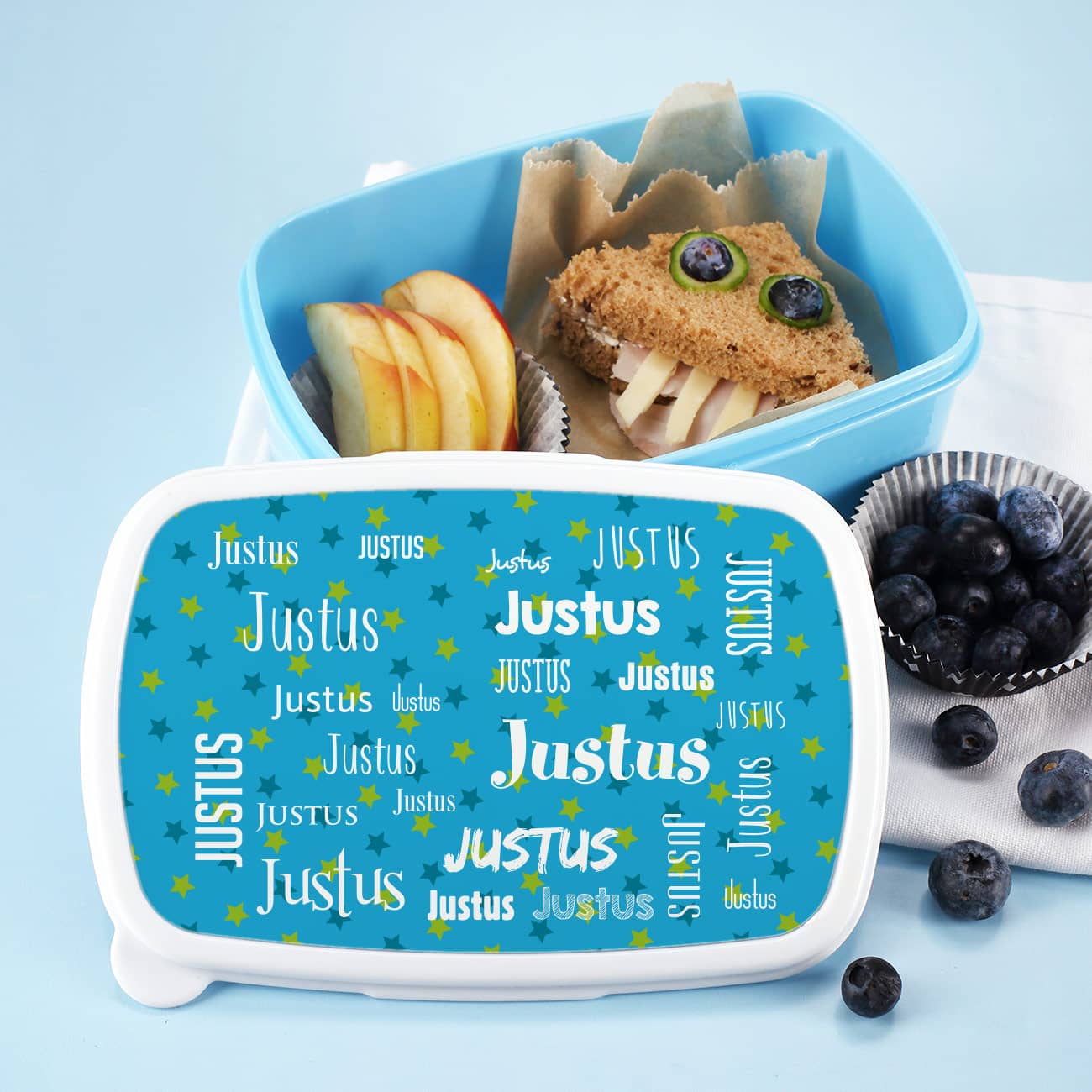Blaue Brotdose mit Name auf Deckel nach Ihrem Wunsch personalisiert