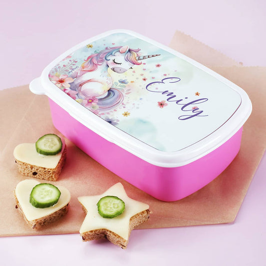 Einhorn Brotdose in pink mit Ihrem Wunschnamen bedruckt
