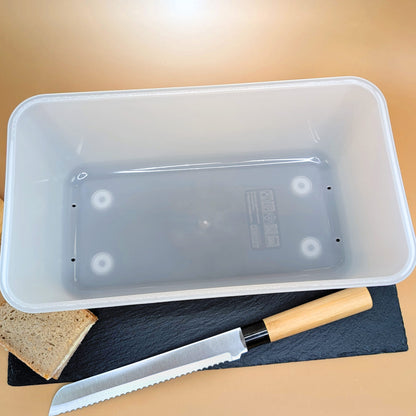 Innenansicht der leeren Brotbox aus Kunststoff mit Belüftungslöchern